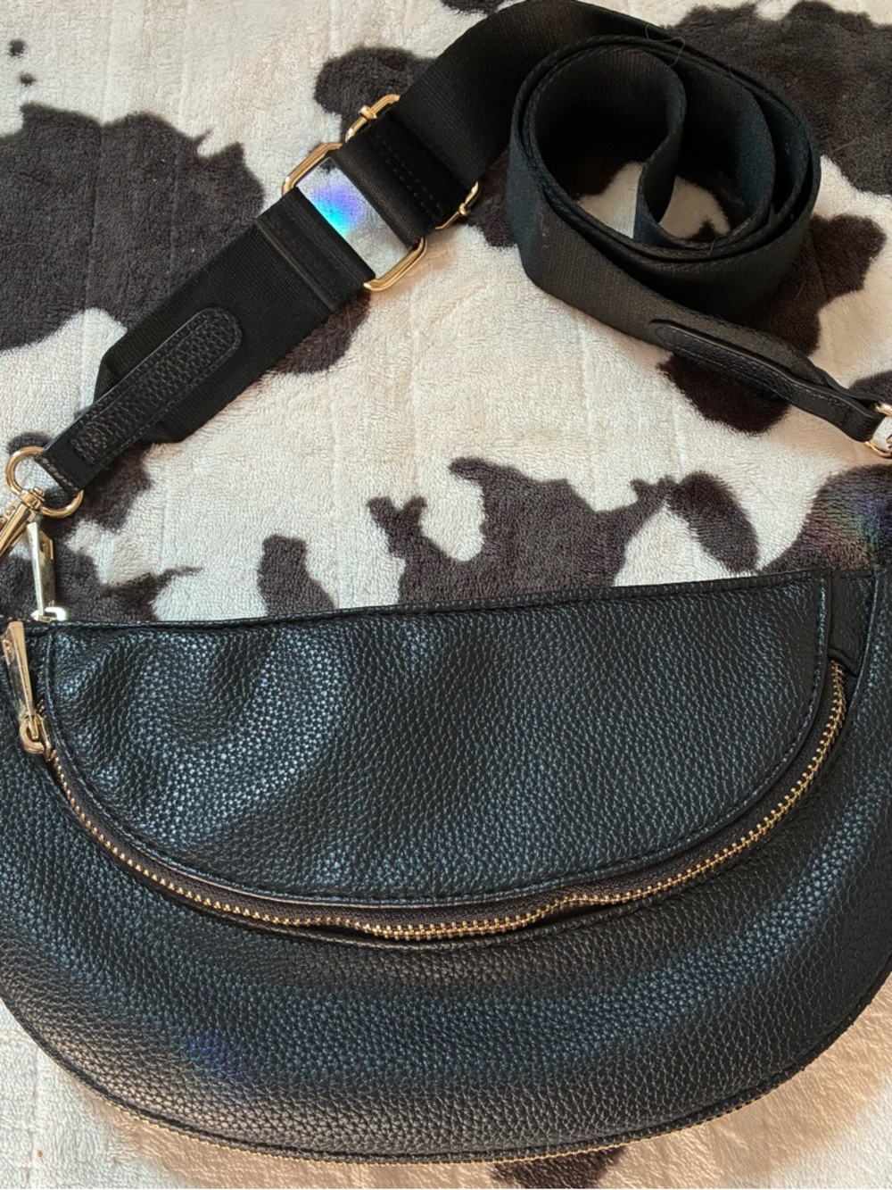 Sondra Roberts Black Pebbled Leather Crescent Crossbody with Gold Hardware